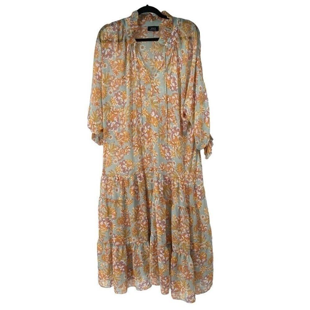Vici Orange Blue Long Sleeve Boho‎ Maxi Dress Sz XS Beach Coverup Womens